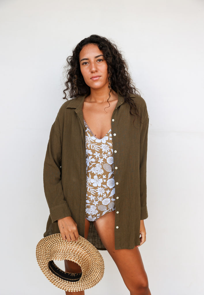 Pon Pon Kinda Biz Button Up Shirt in Seaweed