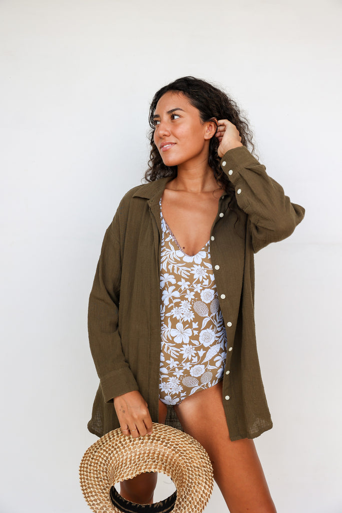 Pon Pon Kinda Biz Button Up Shirt in Seaweed