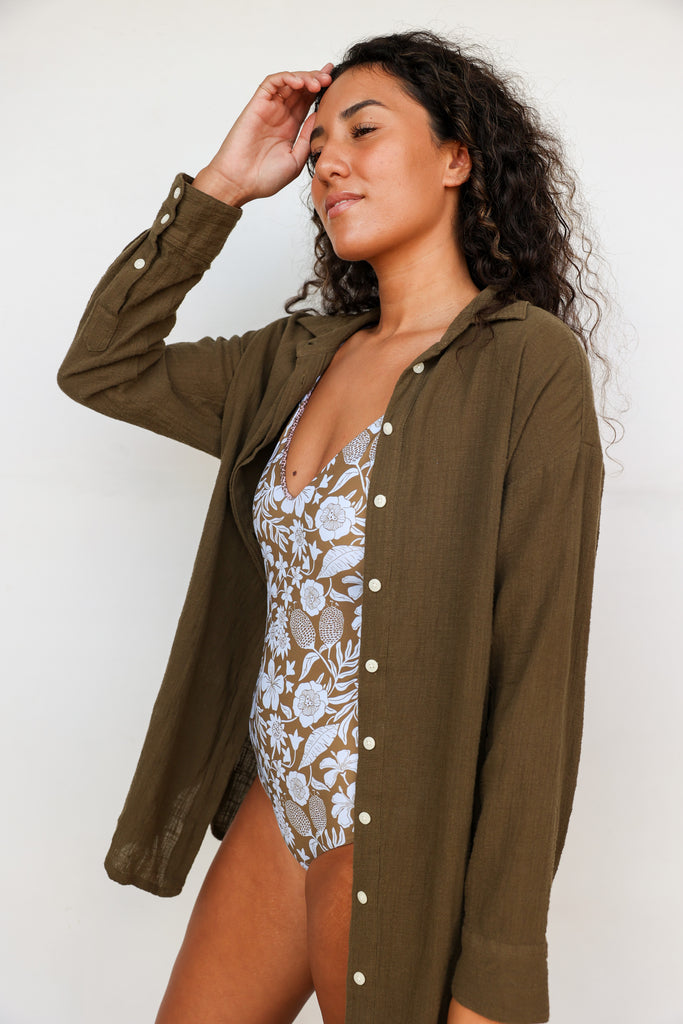 Pon Pon Kinda Biz Button Up Shirt in Seaweed