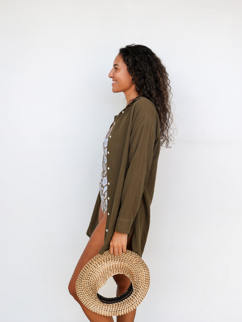 Pon Pon Kinda Biz Button Up Shirt in Seaweed
