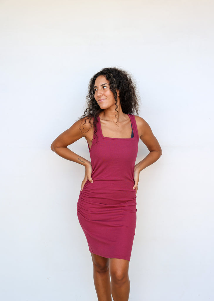 Bobi Square Neck Shirred Tank Dress in Chutney