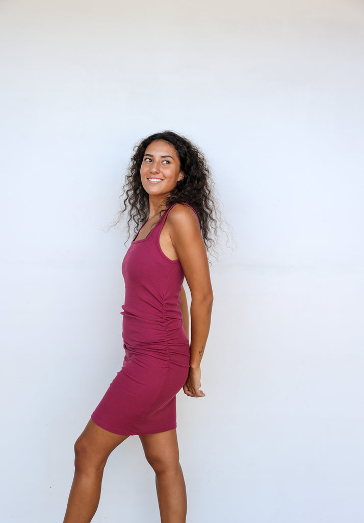 Bobi Square Neck Shirred Tank Dress in Chutney
