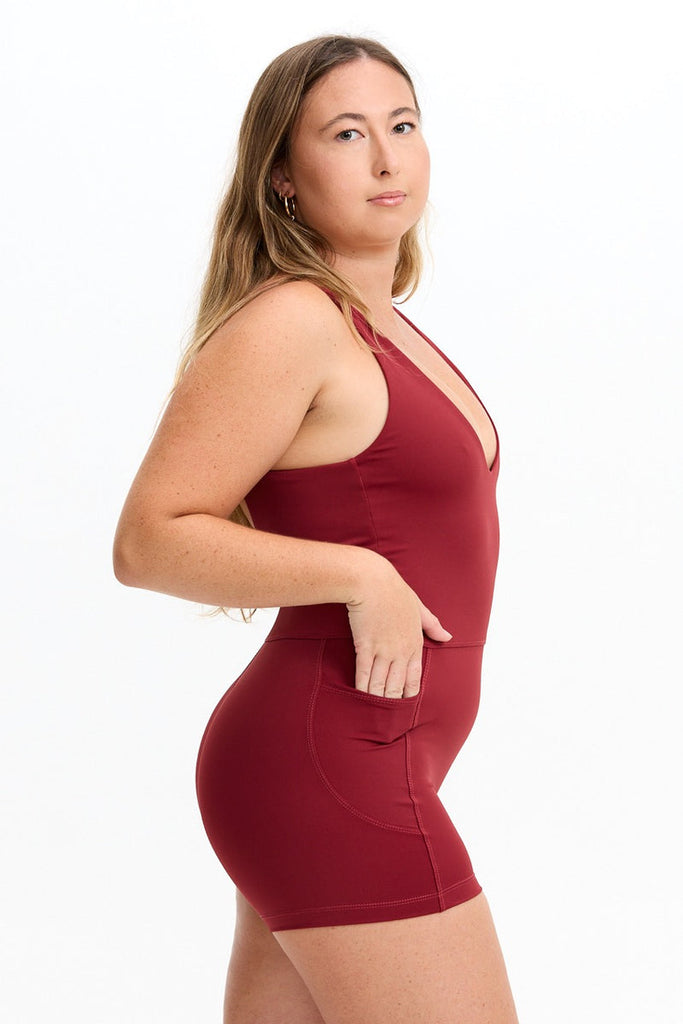 Benoa Active V Neck Romper in Cherry