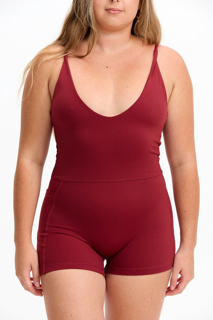 Benoa Active V Neck Romper in Cherry