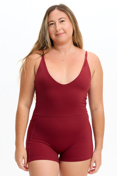 Benoa Active V Neck Romper in Cherry