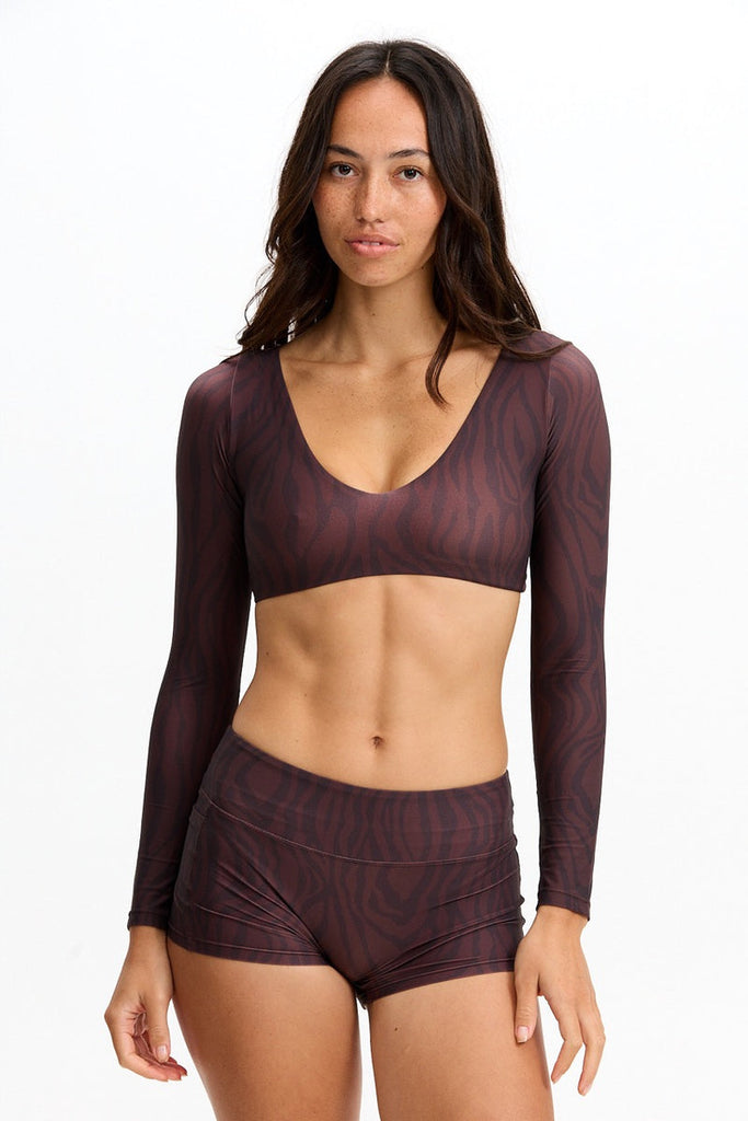 Benoa Active Long Sleeve Crop Top in Chocolate Zebra